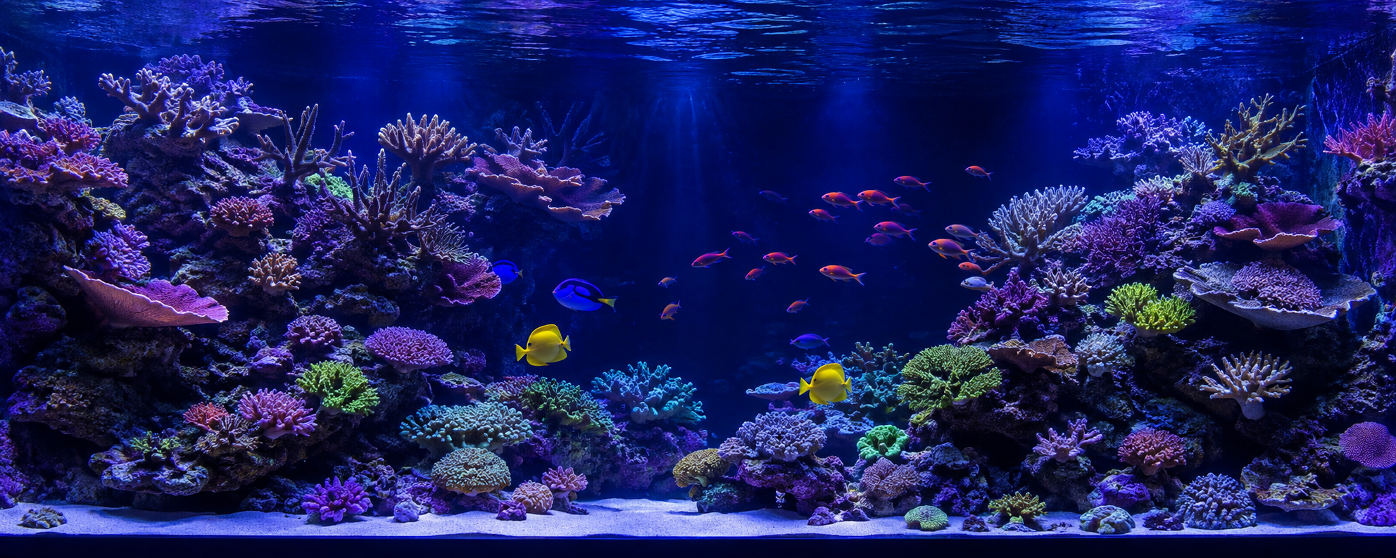 Panoramic luxury reef aquarium with vibrant corals and marine fish