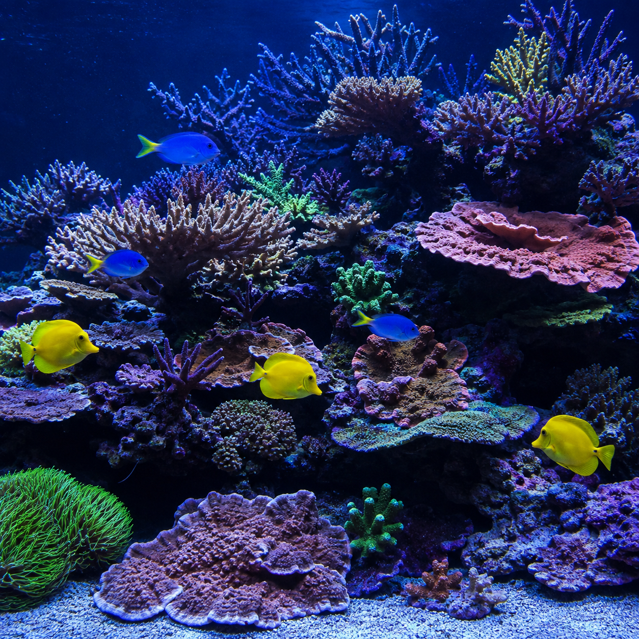 Established coral reef aquarium with colourful marine fish
