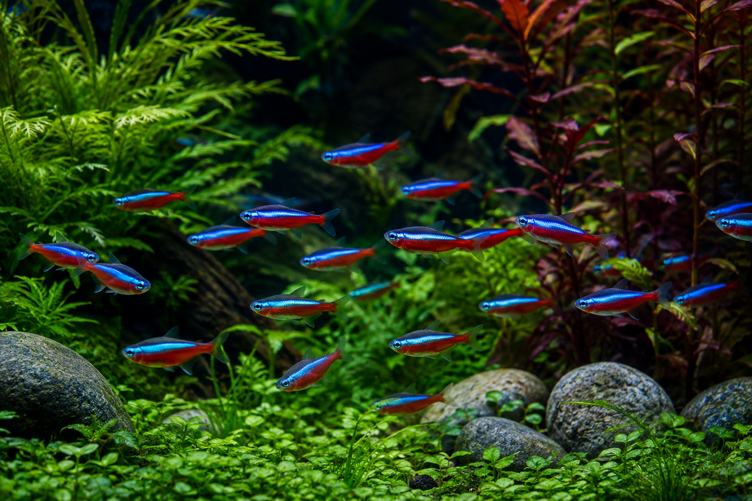 School of cardinal tetras in a planted tropical aquarium