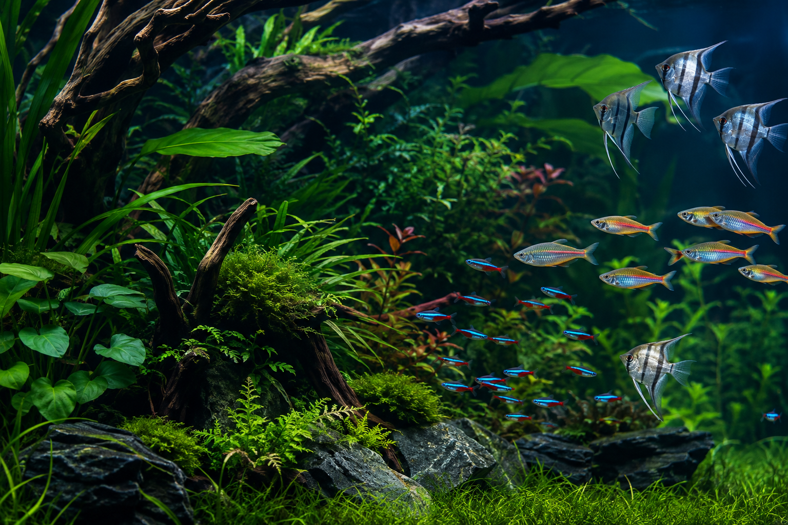 Lush planted tropical aquarium with angelfish and community fish